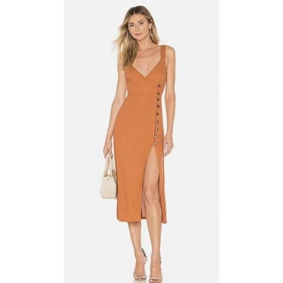 Jens Pirate Booty S Midi Dress Wrap Button Linen Blend Sienna Brown Sleeveless - Picture 1 of 11